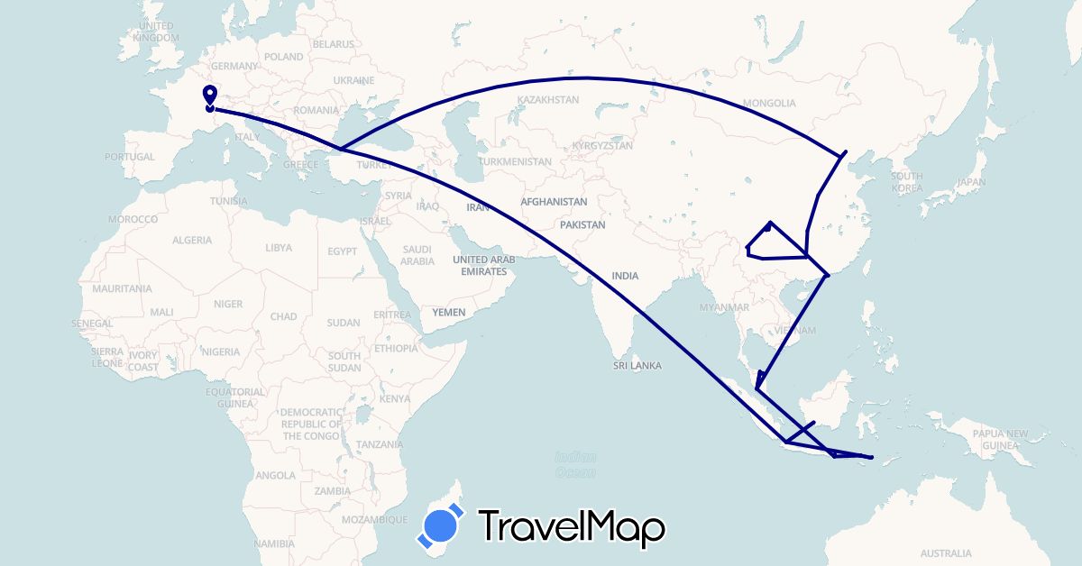 TravelMap itinerary: driving in Switzerland, China, Indonesia, Malaysia, Turkey (Asia, Europe)